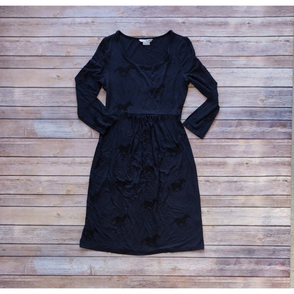 Boden Navy Blue Horse Print Scoop Neck Dress Sz 4 L --  3/4 Sleeve